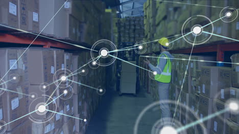 organizing boxes in warehouse, worker with network connections animation overlay