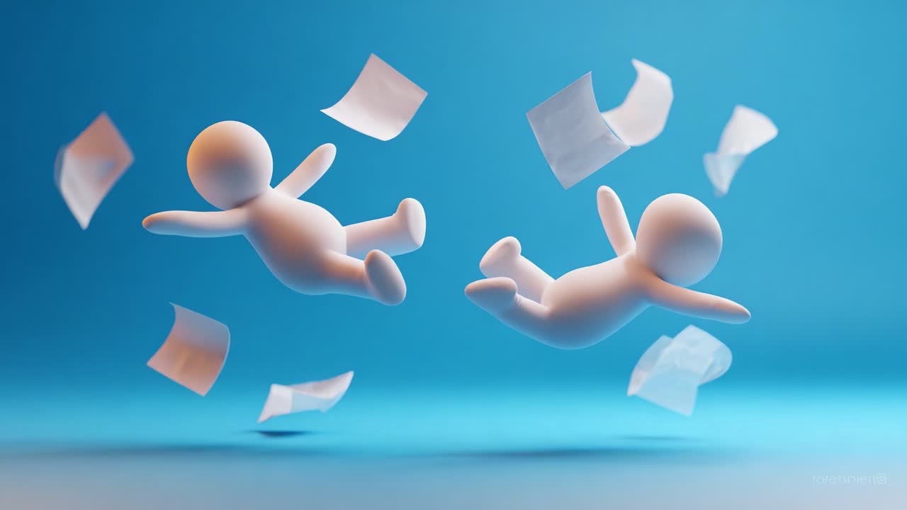 Two Playful Figures Floating in a Sky of Paper: A Whimsical Scene of Action and Imagination Captured in Vibrant Blue Light, Expressing Joy and Curiosity in a Unique Artistic Style