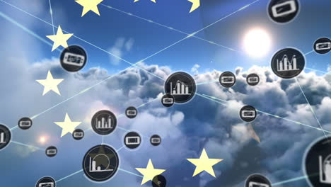 animación de la red de conexiones con iconos sobre la bandera de la unión europea y nubes