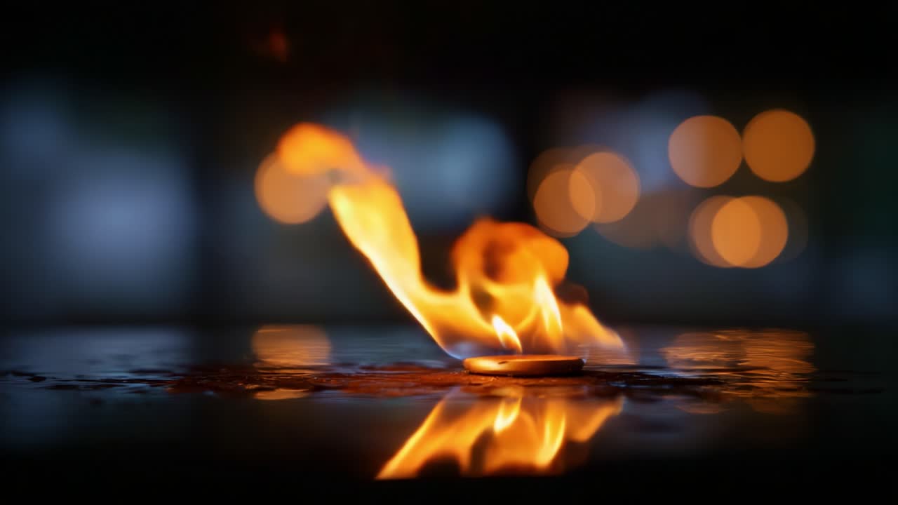 Captivating Flames Dance Over a Reflective Surface, Creating a Mesmerizing Visual Display with Warm Glow and Flickering Light in an Ambient Setting