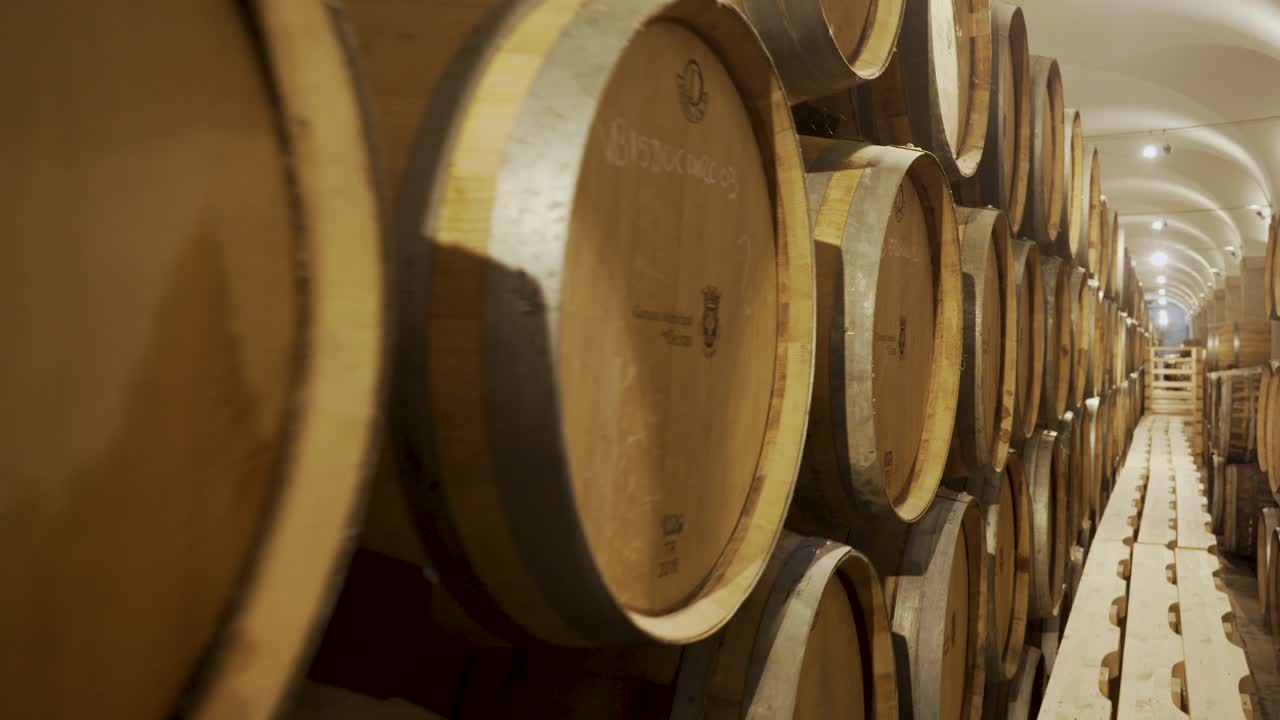 Cantina vinicola portoghese nel seminterrato con botti allineate, ripresa con un movimento di telecamera.