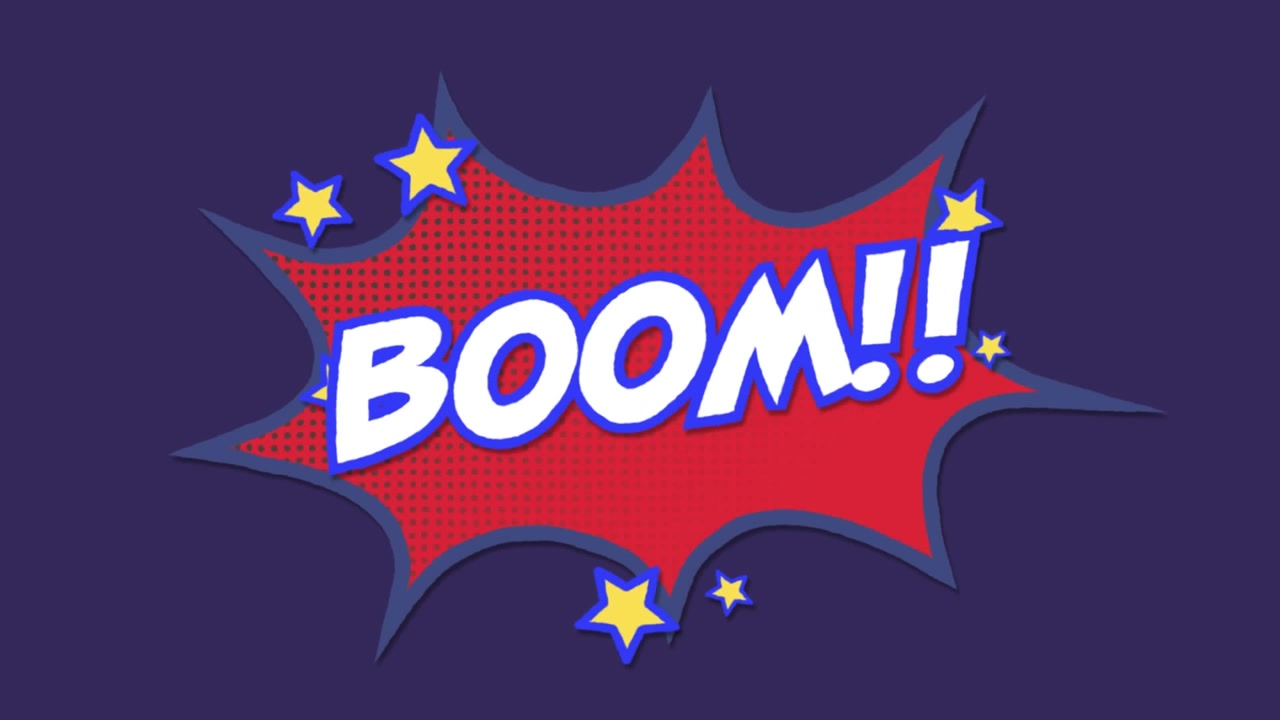 Animation of boom text over red speech bubble on purple background