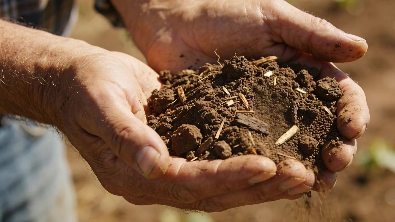 Mani segnate dal lavoro che si muovono, rilasciando terriccio grumoso, controllando la consistenza in un campo illuminato dal sole, con un polsino a quadri.
