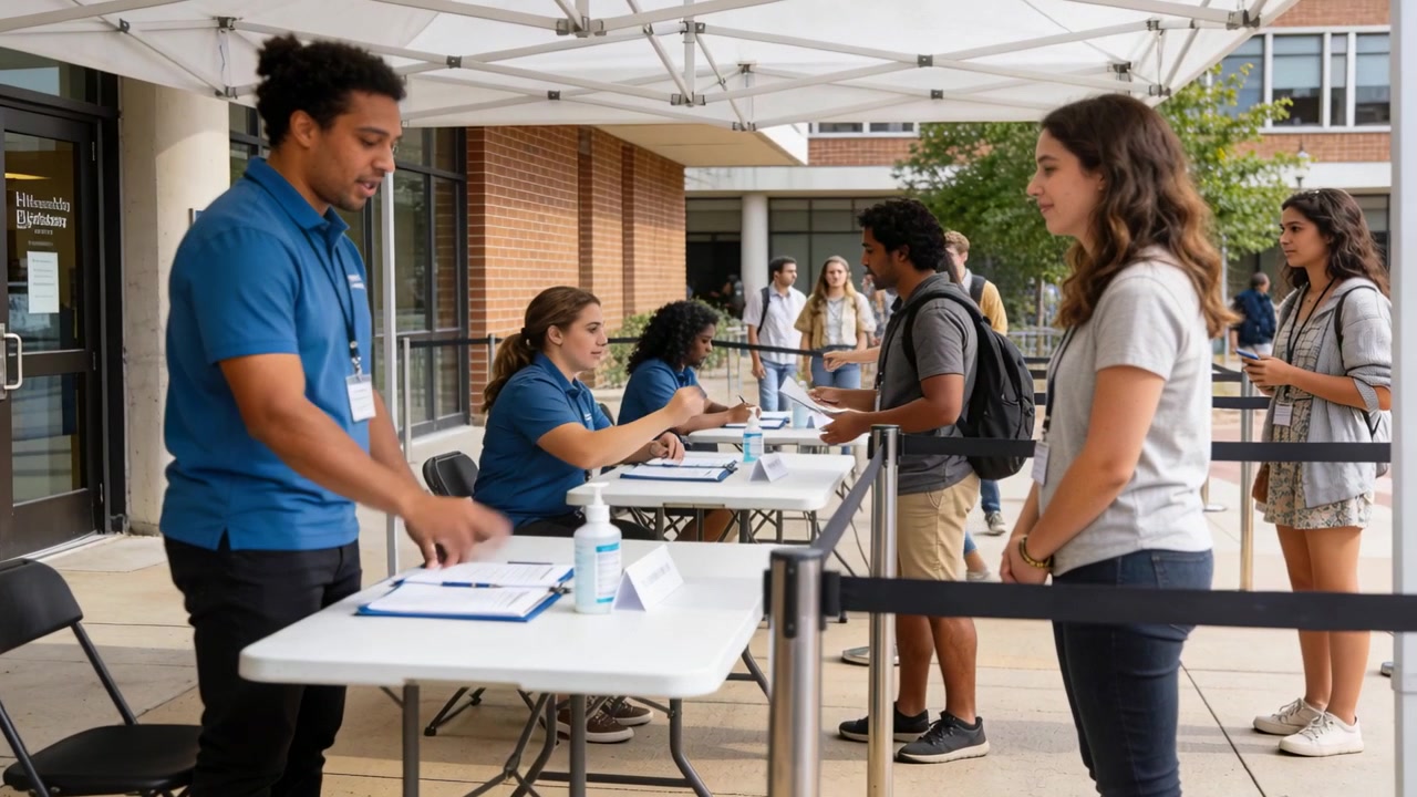 Funcionário de polo azul cumprimentando e registrando estudante que se aproxima da entrada do campus, entregando formulários, com espaço para texto.