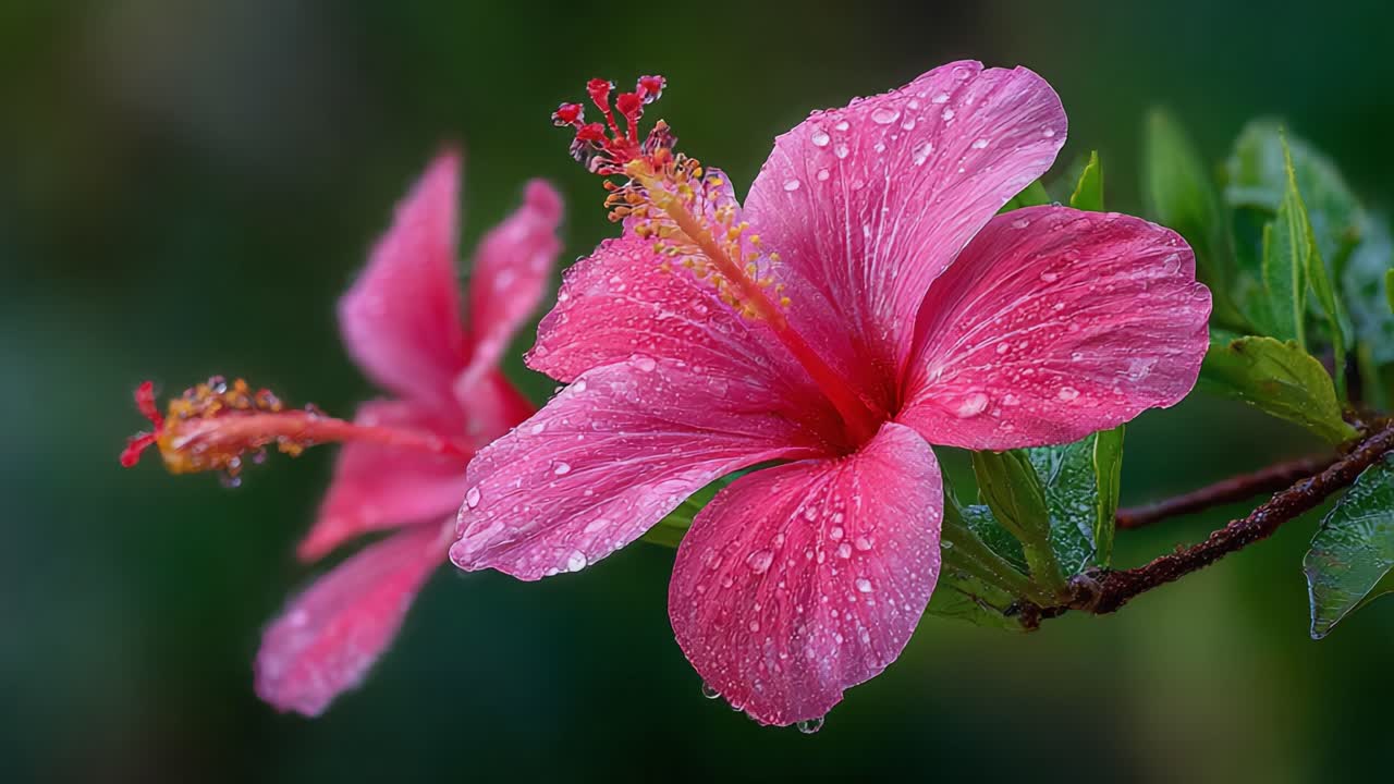 Un affascinante spettacolo di fiori di ibisco con gocce di pioggia che brillano sui loro petali, creando una magnifica scena naturale piena di colore e vita