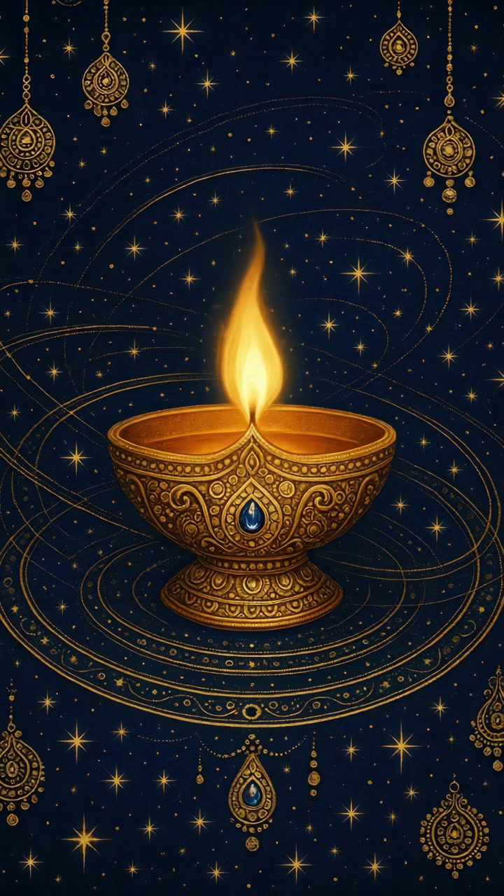 Diya dorata ornata con fiamma tremolante per la celebrazione del Diwali