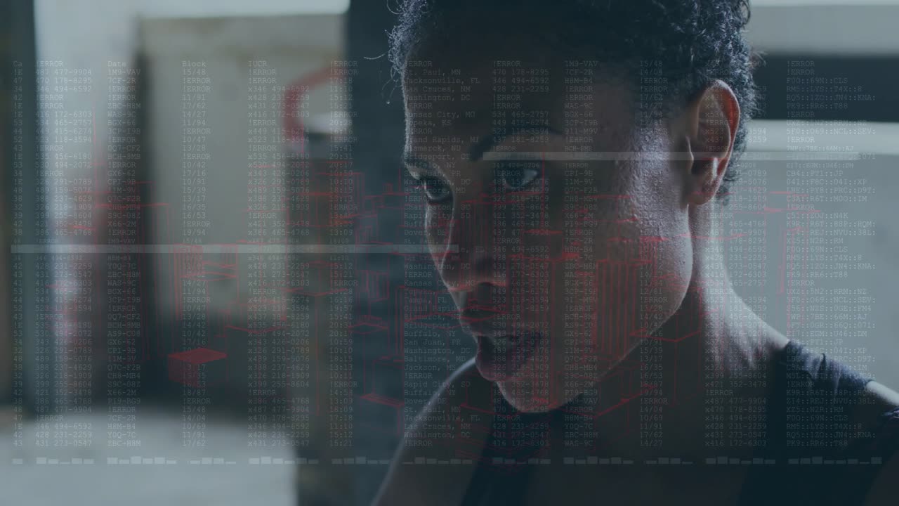 Woman recovering, refocusing after exertion for next rep in gritty gym, glitch lines across face