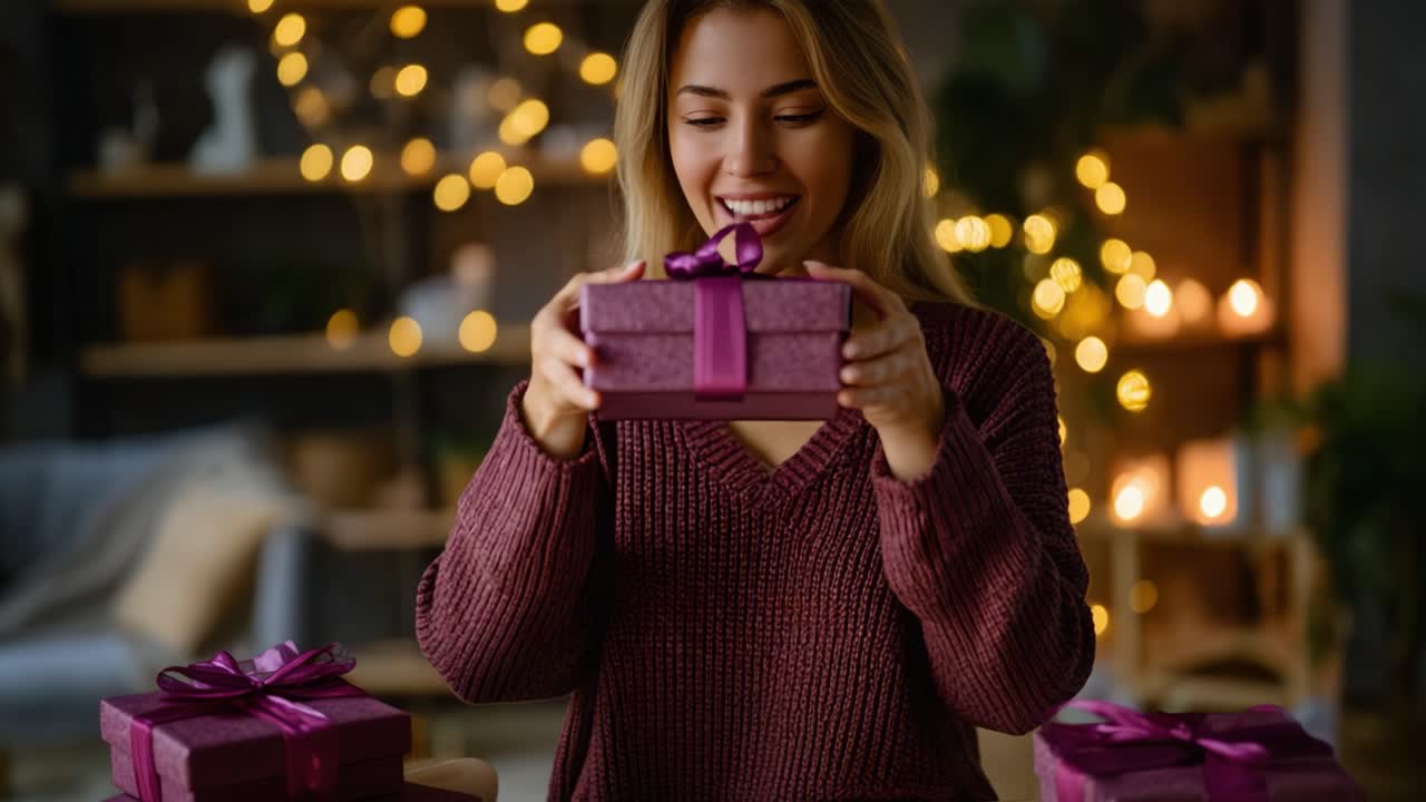 Un Momento Gioioso Svelato: Una Donna Circondata da Regali Incartati e Luci Scintillanti, Piena di Anticipazione e Delizia Mentre Rivela una Sorpresa all'Interno.