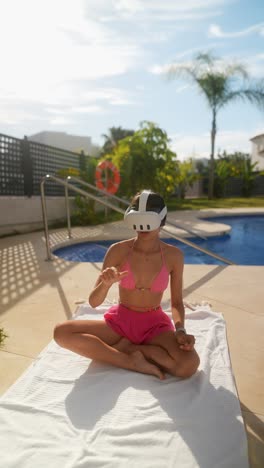 woman meditating in vr headset by the pool