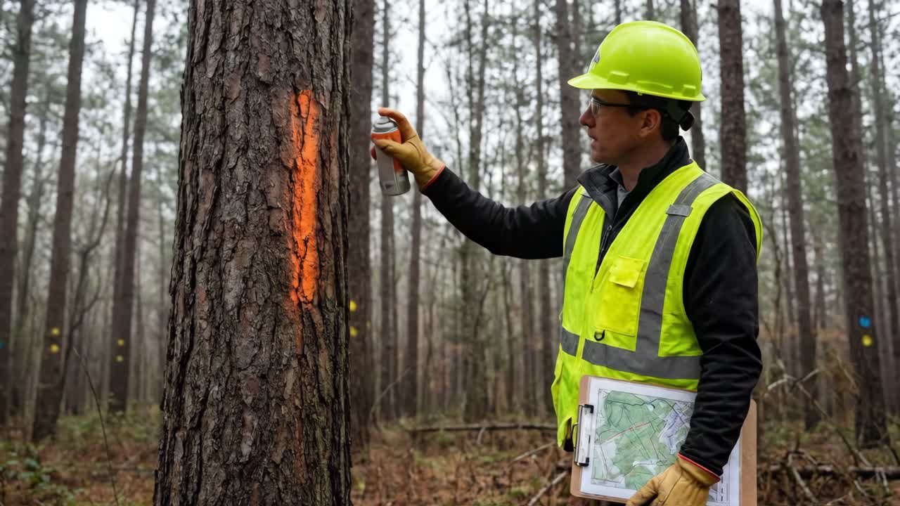 Forester Marking a Tree with Orange Spray Paint in a Pine Forest