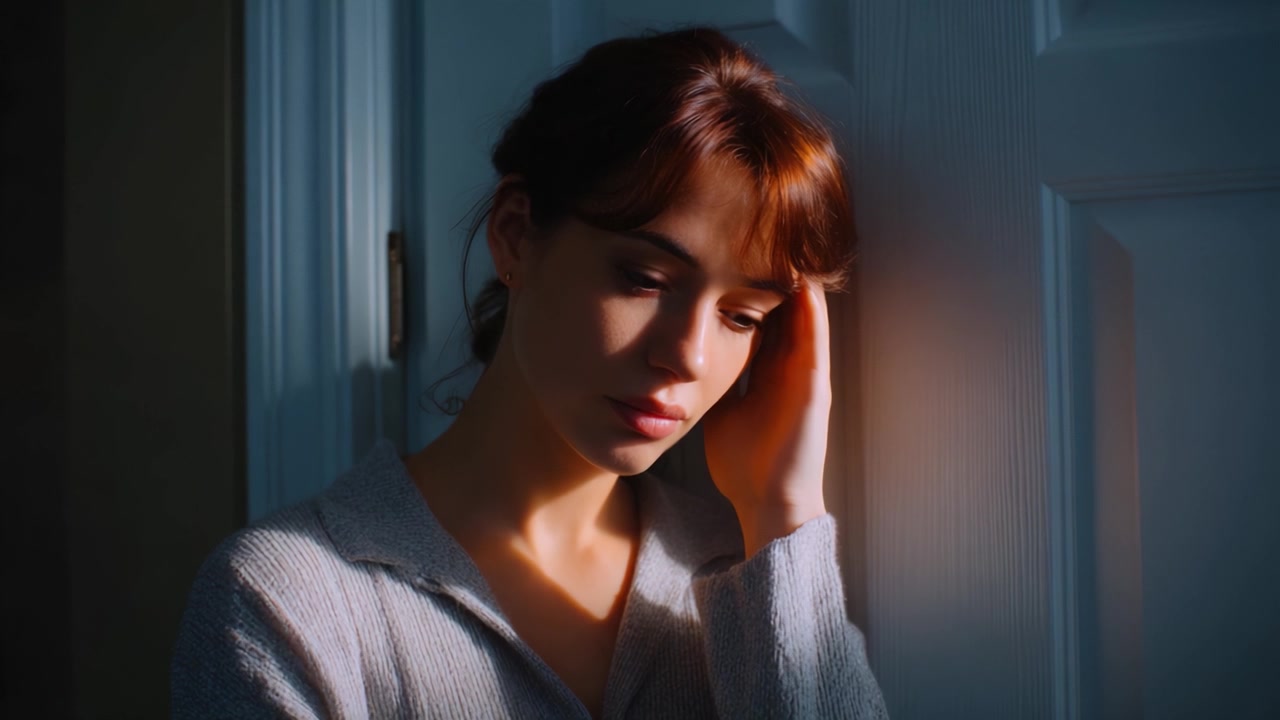 A reflective moment captured in two frames, showcasing a young woman in contemplation and emotional introspection, illuminated by soft, dramatic lighting.
