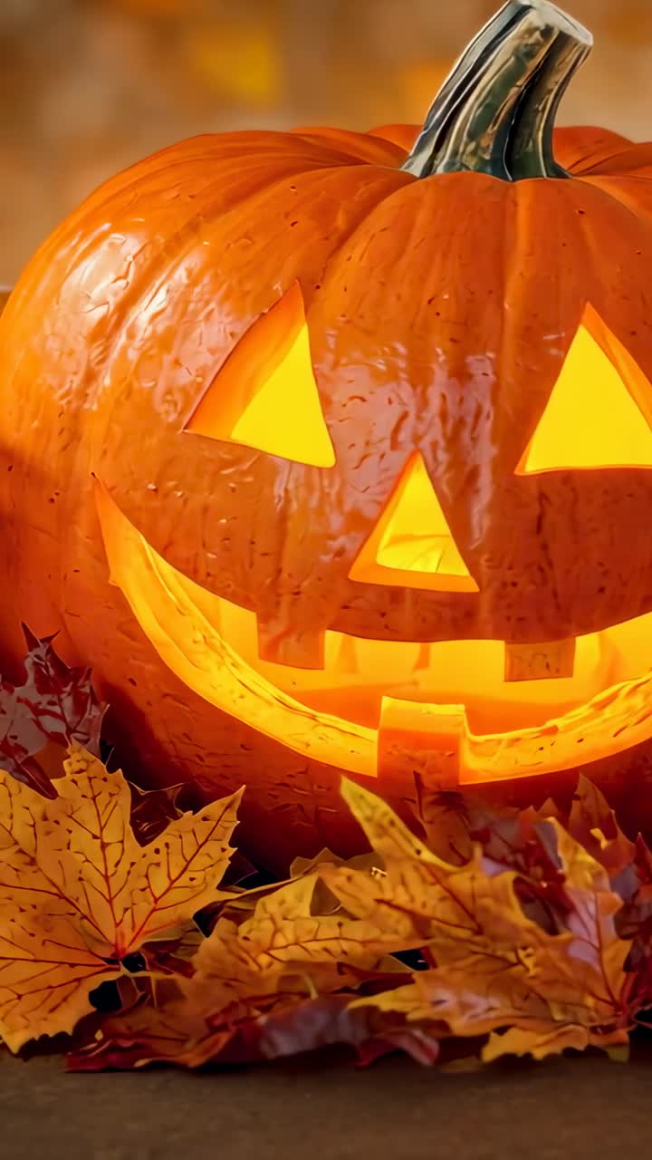 Vertical video: Starting camera framing carved pumpkin on porch with fallen leaves, pulsing light