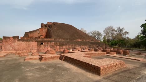 Wide-shot-of-the-ruins-of-Old-Nalanda-University-historic-Indian-architecture-at-Bihar