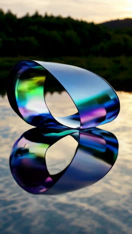 iridescent abstract sculpture reflecting on water at sunset