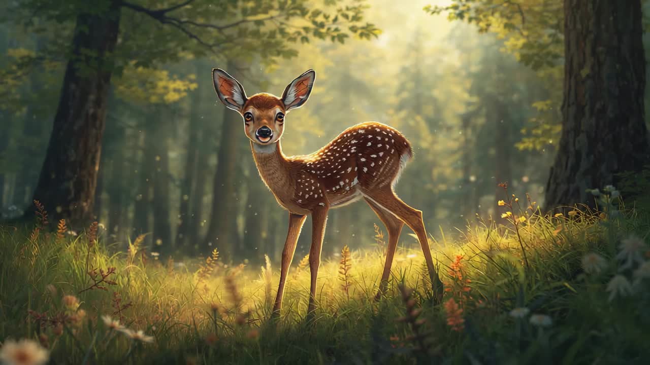 Foraging spotted fawn sniffing then edging left through sunlit clearing, passing trunks and flowers