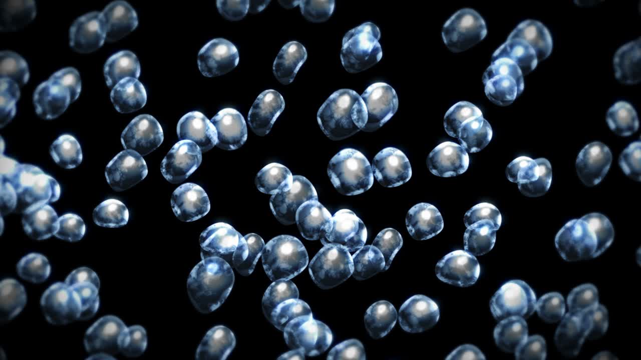 검은 바탕에 많은 물방울이 날아가고, 순수한 물방울, 투명한 표면, 공기 거품이 회전하는 3d 애니메이션, 루프 애니메이션.