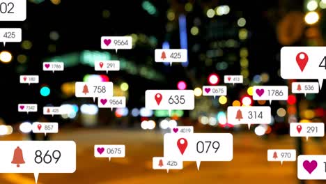 animación de iconos y números de redes sociales sobre el tráfico vial y las luces del paisaje urbano