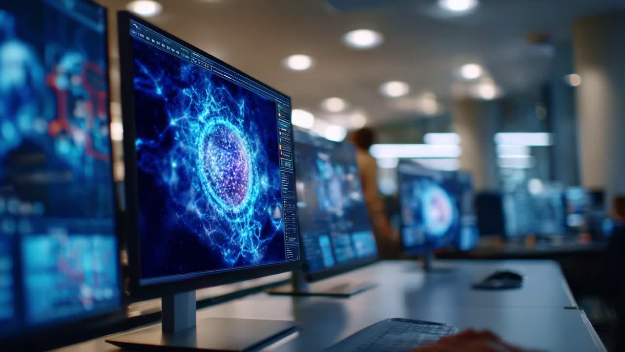 A captivating visual of a high-tech workspace showcasing multiple computer screens displaying intricate, vibrant graphic designs and data visualizations in a modern setting