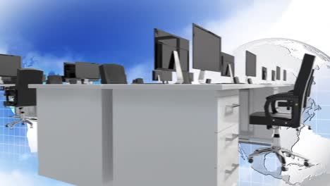 escritorios digitales desplazándose sobre un fondo de cielo con una tierra girando