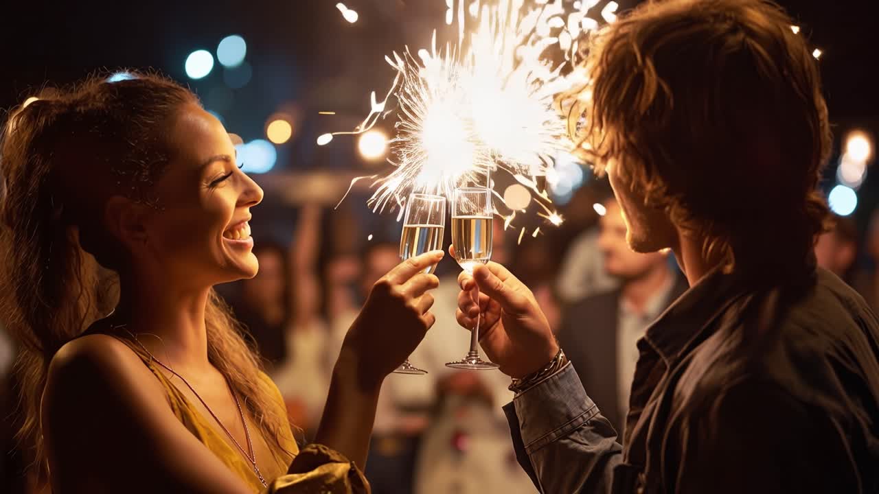 Celebrazione di Gioia, Connessione e Luce: Una Coppia Brinda con Vino Spumante in un Contesto Festivo Adornato da Scintillanti e Volti Felici