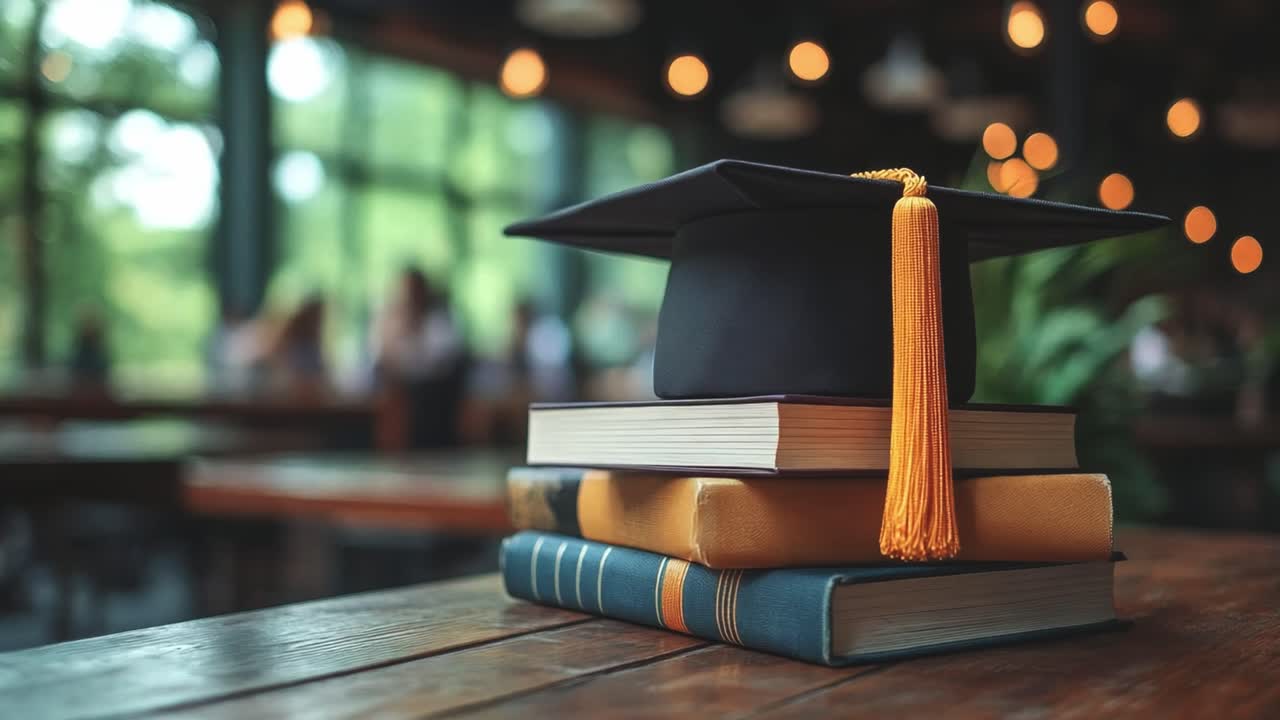 gorra de graduación en una pila de libros