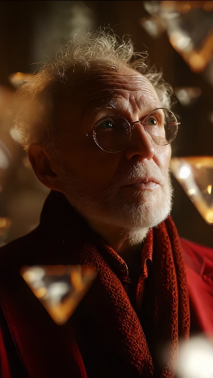 Elderly man gazing thoughtfully among sparkling prisms, captures a moment of wonder and intrigue, surrounded by reflective shapes and warm atmospheric light
