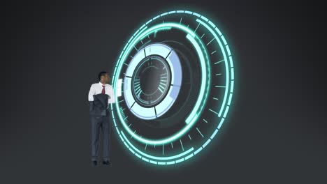 animación de escaneo de alcance y hombre de negocios aislado en fondo gris