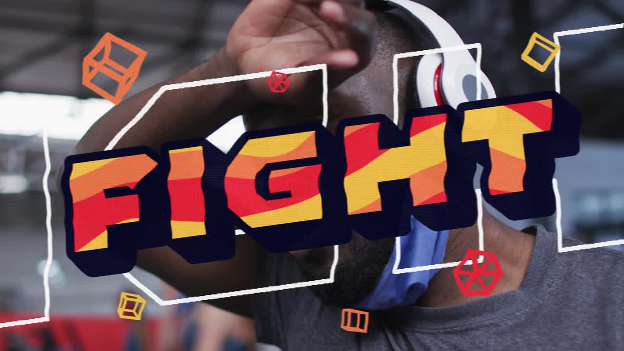 체육관에서 얼굴 마스크를 내려놓은 피곤한 아프리카계 미국인 남자와의 문자 싸움