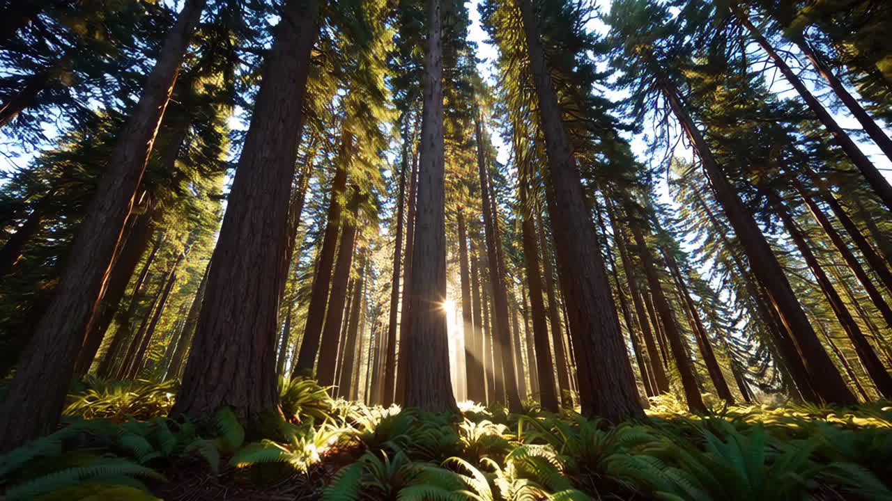 Sunlight filtering through a towering forest with ferns