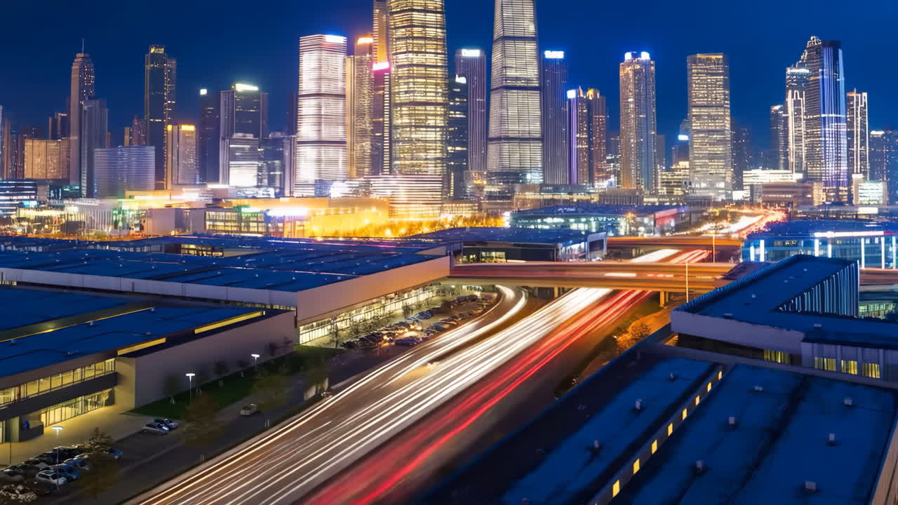 Modern City Skyline at Night with Light Trails