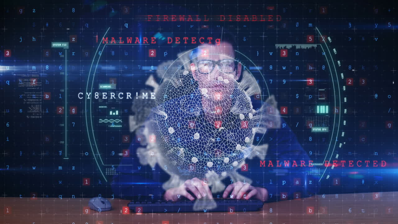 Animation of a hacker hooded man over a macro coronavirus COVID-19 cell analyzed