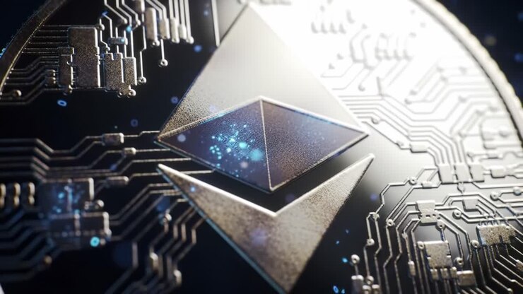 Primo piano di una moneta Ethereum