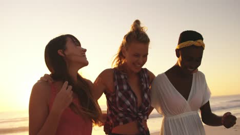 amigos adultos jóvenes relajándose en la playa al atardecer 4k