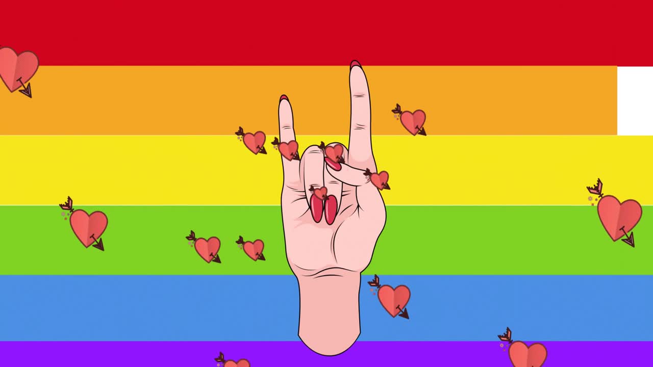 무지개 배경에 있는 손 아이콘 위에 있는 심장의 애니메이션