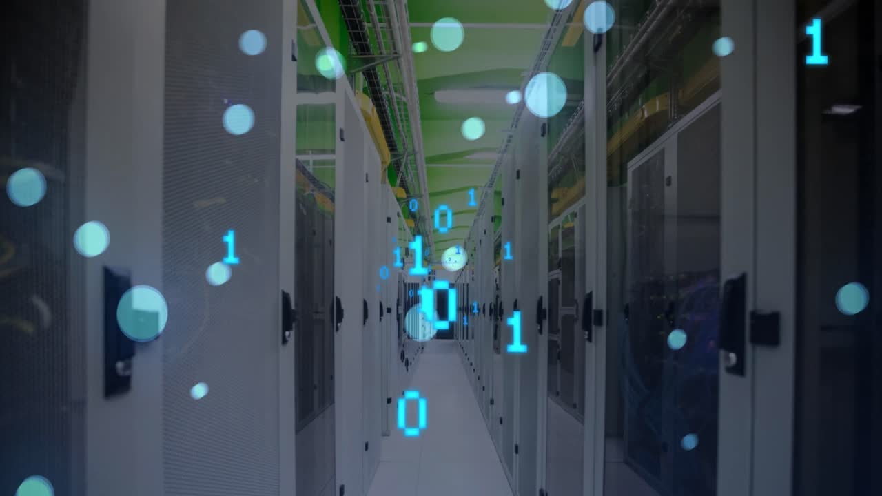 Animation of binary codes and falling lens flares over server room in background