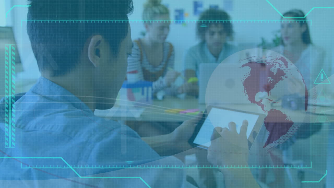 interfaz digital con procesamiento de datos sobre un globo giratorio contra el hombre usando una tableta digital