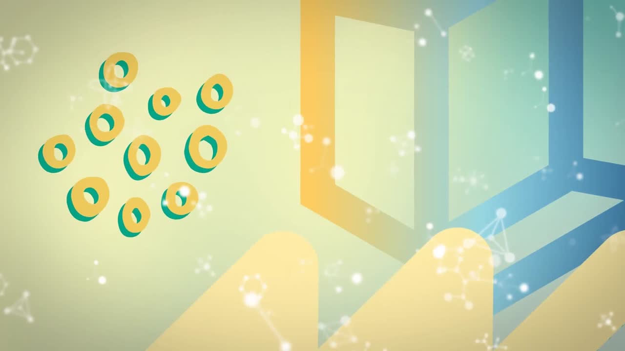 노란색과 파란색 배경에 분자, 원 및 큐브의 애니메이션