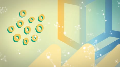 Animation-of-molecules,-circles-and-cube-on-yellow-and-blue-background