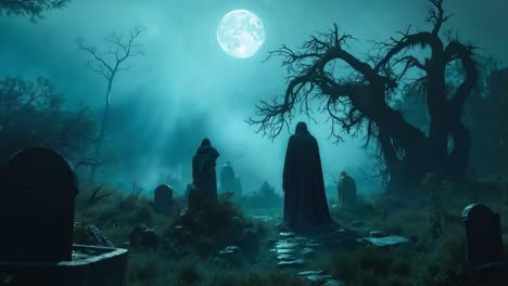 a graveyard with tombstones and a full moon in the background