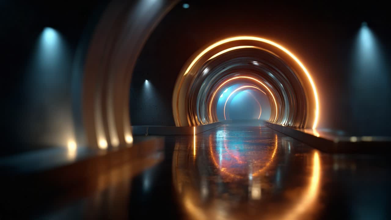 Ethereal Tunnel with Illuminated Circles: A Captivating Visual Journey through Neon Lights and Reflections in an Enigmatic Corridor of Modern Design