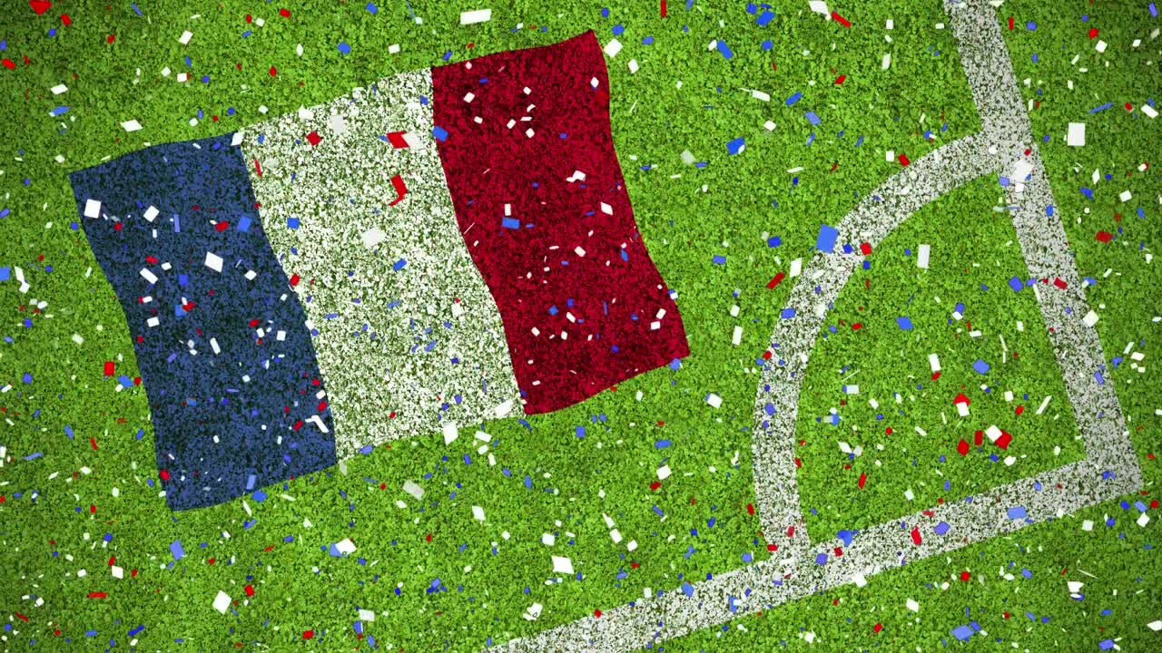 프랑스 국기와 함께 스포츠 경기장 위에 떨어지는 콘페티의 애니메이션