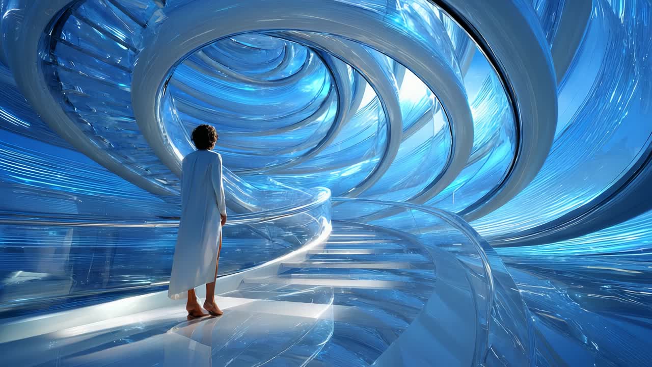 A surreal journey through a mesmerizing blue vortex, where swirling translucent elements create an ethereal pathway inviting exploration and invoking a sense of wonder and belonging in a dreamlike environment
