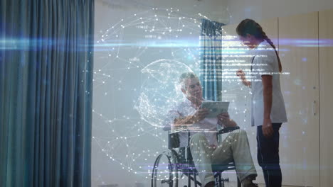 animación de la interfaz de datos digitales sobre una doctora caucásica con un paciente