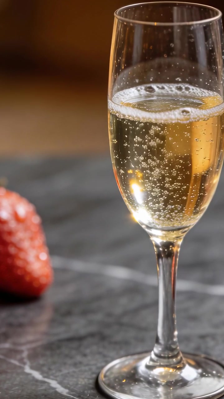 CO2 che fuoriesce da un flûte, emettendo scie di bollicine su un tavolo di marmo, con una fragola sfocata a sinistra per pubblicità di bevande.