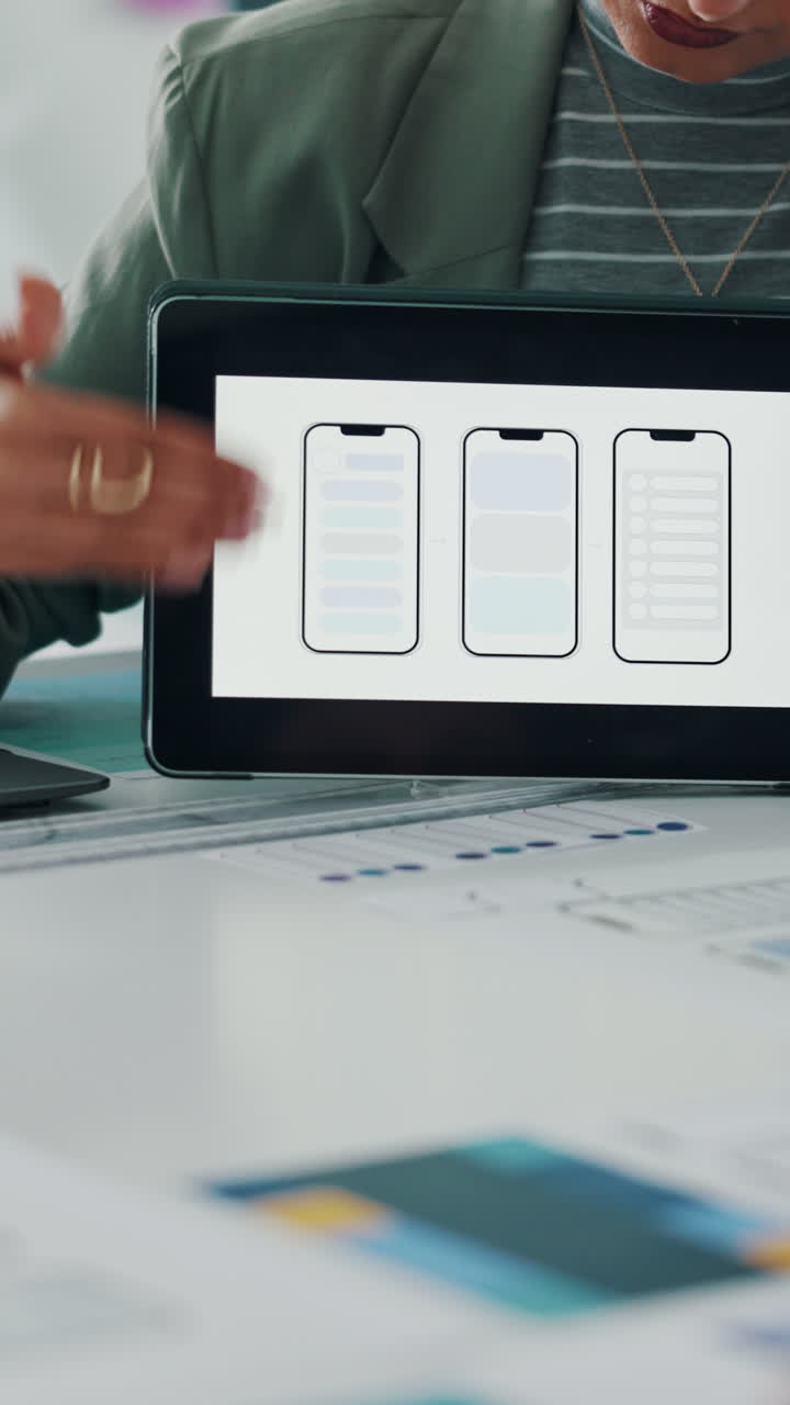 Person Presenting Mobile App UI UX Design on Tablet Screen