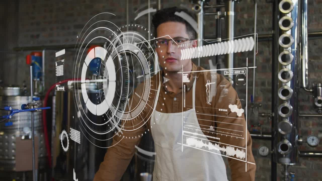 Male distiller arranging cups and weighing in distillery, initiating rotating holographic interface