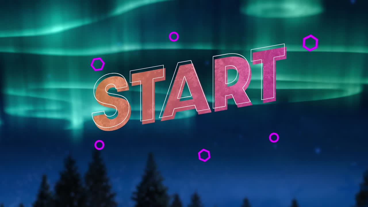 animación del texto de inicio sobre el cielo nocturno nublado y las luces del norte