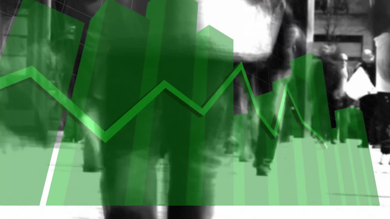 animación de un gráfico verde que se forma sobre personas grises caminando por una calle