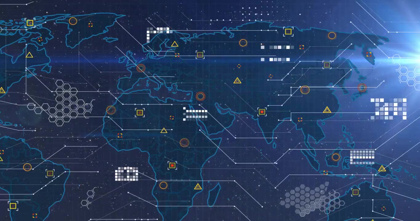 Digital World Map with HUD Data Overlay and Global Connectivity