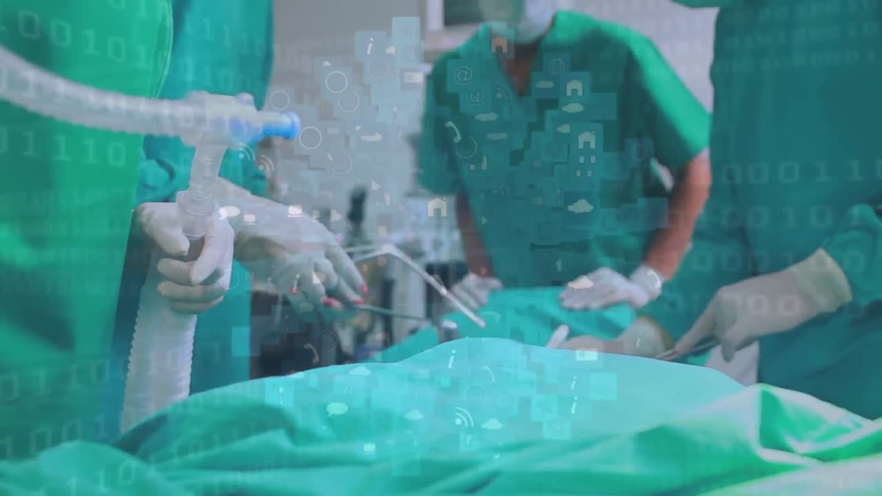 Animazione di elaborazione dati su un team di chirurghi che esegue un'operazione in ospedale
